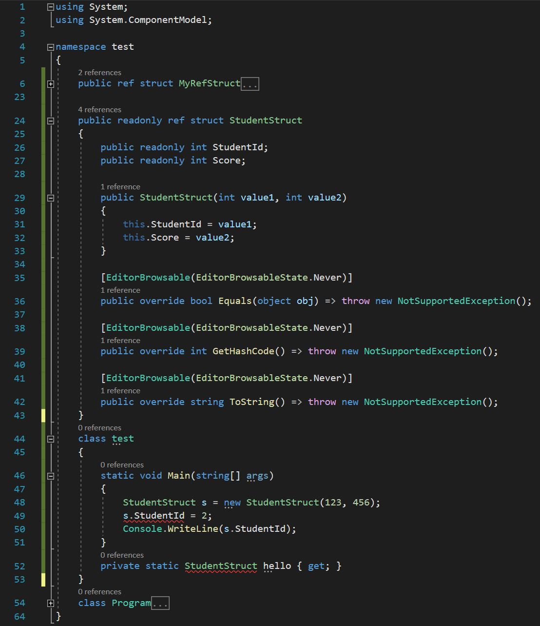 ตัวอย่างโค้ดแสดงนิยาม ref struct ที่เป็น readonly